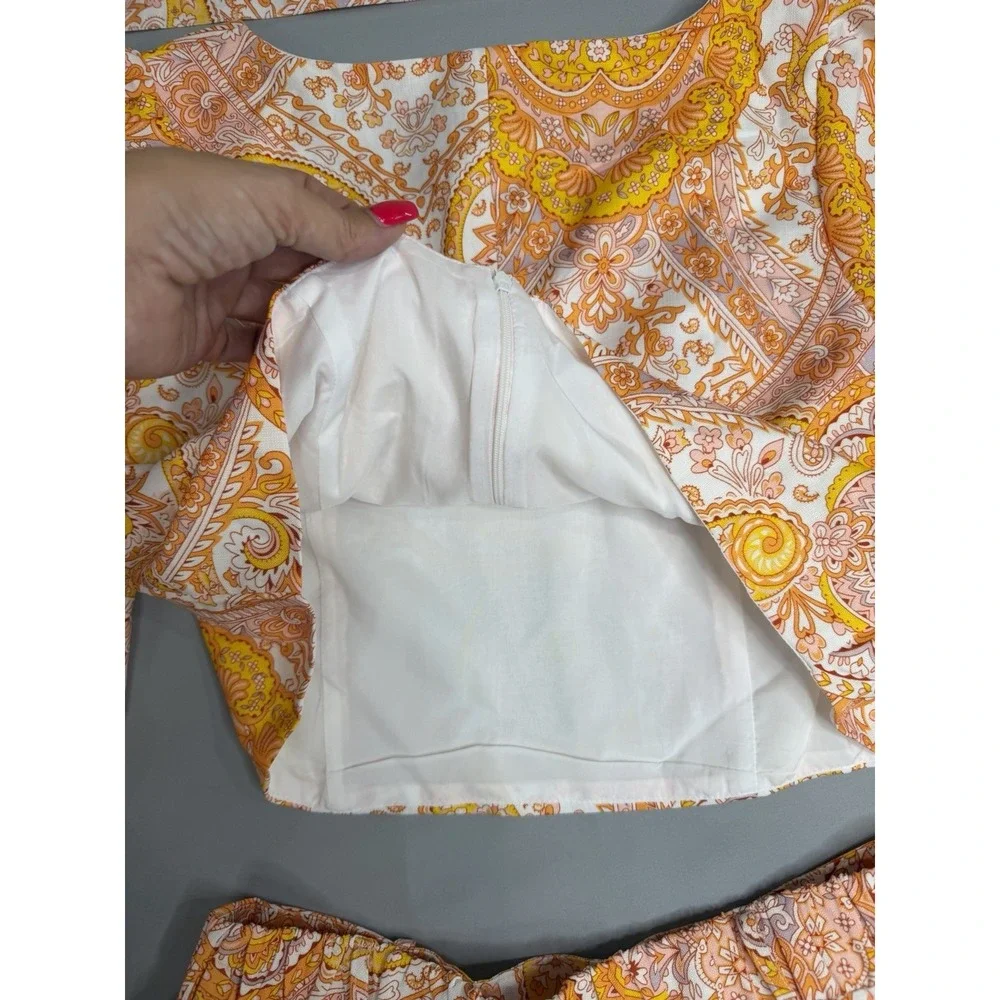 Mulla Linen Paisley Crop Top and Shorts Set L Orange White W/Belt Lined Party